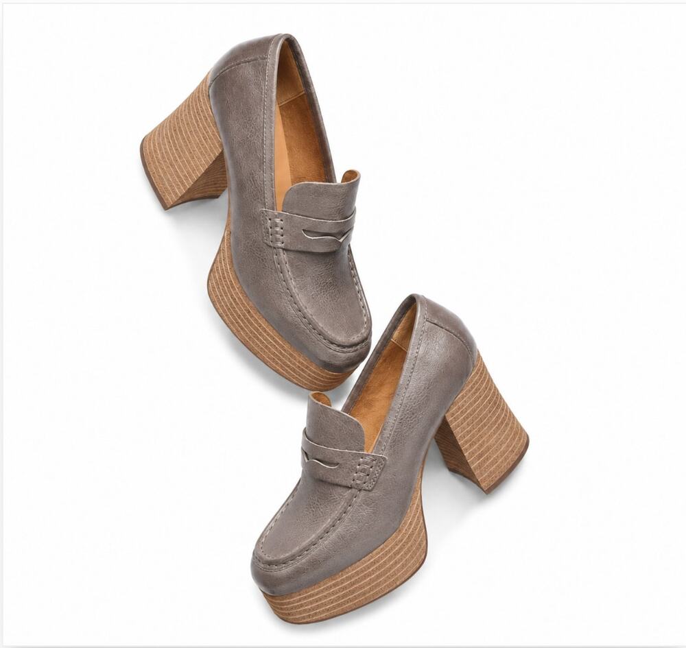KorkEase Barbara Boho Retro Platform Grey Penny Loafer Pump Shoes 8.5